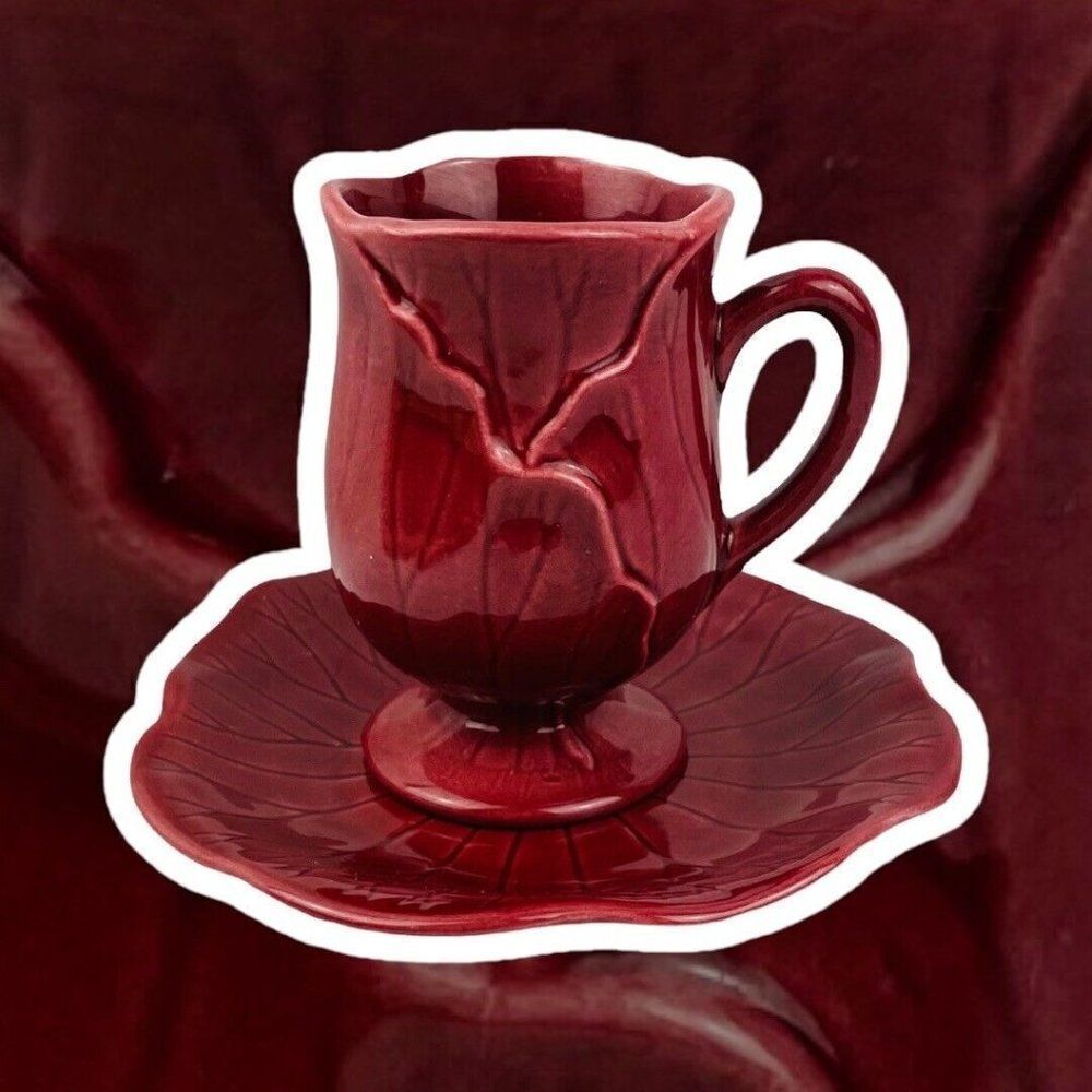 Vintage Metlox Poppytrail Lotus Cranberry Pedestal Mug Cup and Saucer USA 1179